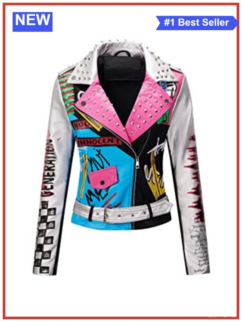 Faux Leather Studded Moto Jacket Belted Short Streetwear